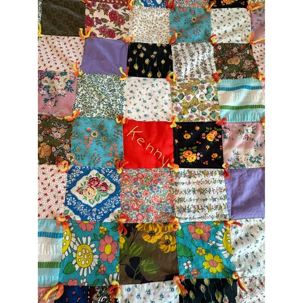 Vintage Handmade Patchwork Tie Quilt Kids 48x40 Multicolor Airplane EUC